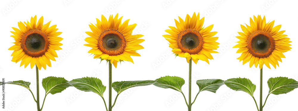 A row of sunflowers with a white background. The sunflowers are in full bloom and are arranged in a neat row. Concept of warmth and happiness, as sunflowers are often associated with positive emotions A row of sunflowers with a white background. The sunflowers are in full bloom and are arranged in a neat row. Concept of warmth and happiness, as sunflowers are often associated with positive emotions
