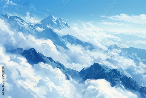 Clouds Above Mountains. Panoramic View of Snowy Slopes and Blue Sky Above