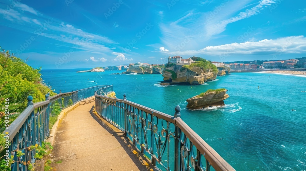 France Country. Biarritz Bridge to Island Over Blue Sea and Sky France Country. Biarritz Bridge to Island Over Blue Sea and Sky