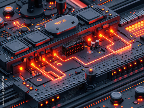 Close-up electronic circuit board. technology style concept. Contemporary Super Computer Processor. Industrial Robotic Manipulator End Effector Holding CPU Chip photo