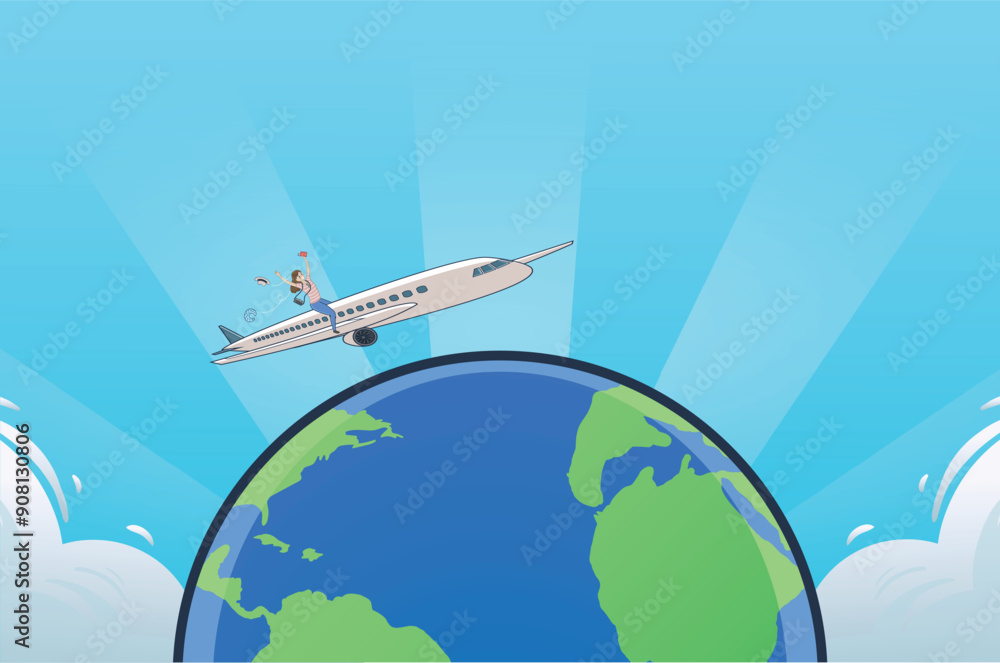 Obraz premium Concept of joyful travel around the world, illustration of a happy young female traveler riding on an airplane for vacation.
