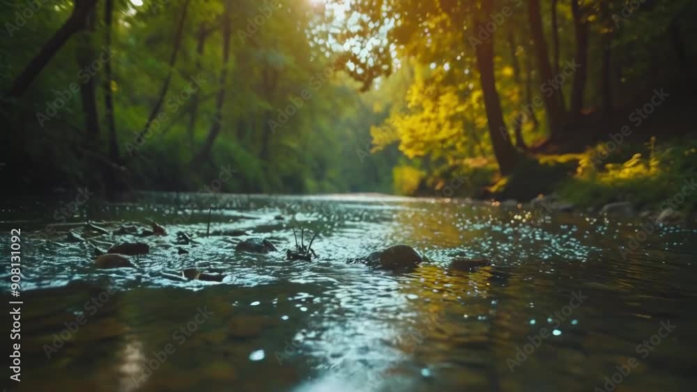 A serene forest stream flows gently through lush, sun-dappled trees at dusk. The peaceful water reflects the warm golden light, creating a calm, tranquil atmosphere. Perfect for nature lovers. A serene forest stream flows gently through lush, sun-dappled trees at dusk. The peaceful water reflects the warm golden light, creating a calm, tranquil atmosphere. Perfect for nature lovers.