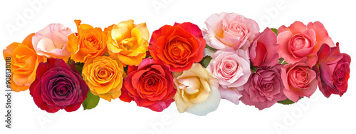 A bouquet of flowers with a white background. The flowers are of different colors and sizes, and they are arranged in a row. Scene is cheerful and vibrant