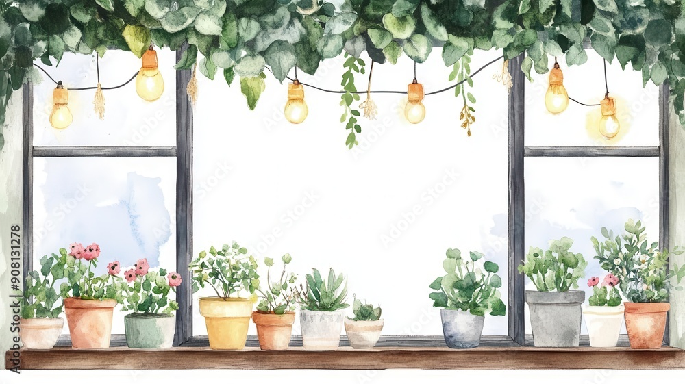 A cafe window display clipart, plants and lights, watercolor effect, cozy ambiance, isolated on white background A cafe window display clipart, plants and lights, watercolor effect, cozy ambiance, isolated on white background