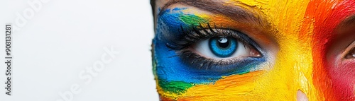 Vibrant Rainbow Face Paint Close-up on White Background with Copy Space for Text