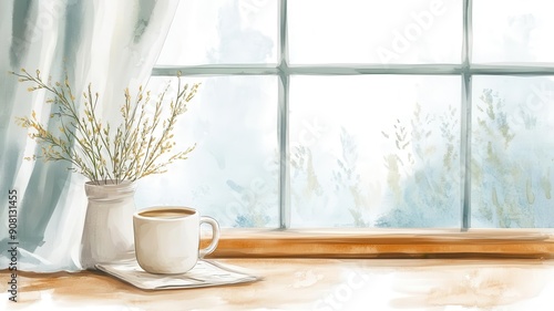 A cozy window seat clipart, coffee mug and view, watercolor style, serene vibes, isolated on white background