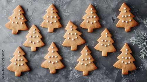 Cookies shaped like Christmas trees on a gray backdrop