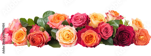 A bouquet of flowers with a white background. The flowers are of different colors and sizes, and they are arranged in a row. Scene is cheerful and vibrant