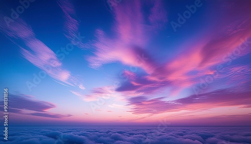 An abstract representation of the sky using gradients of blues, purples, and pinks to evoke a sense of calm and wonder