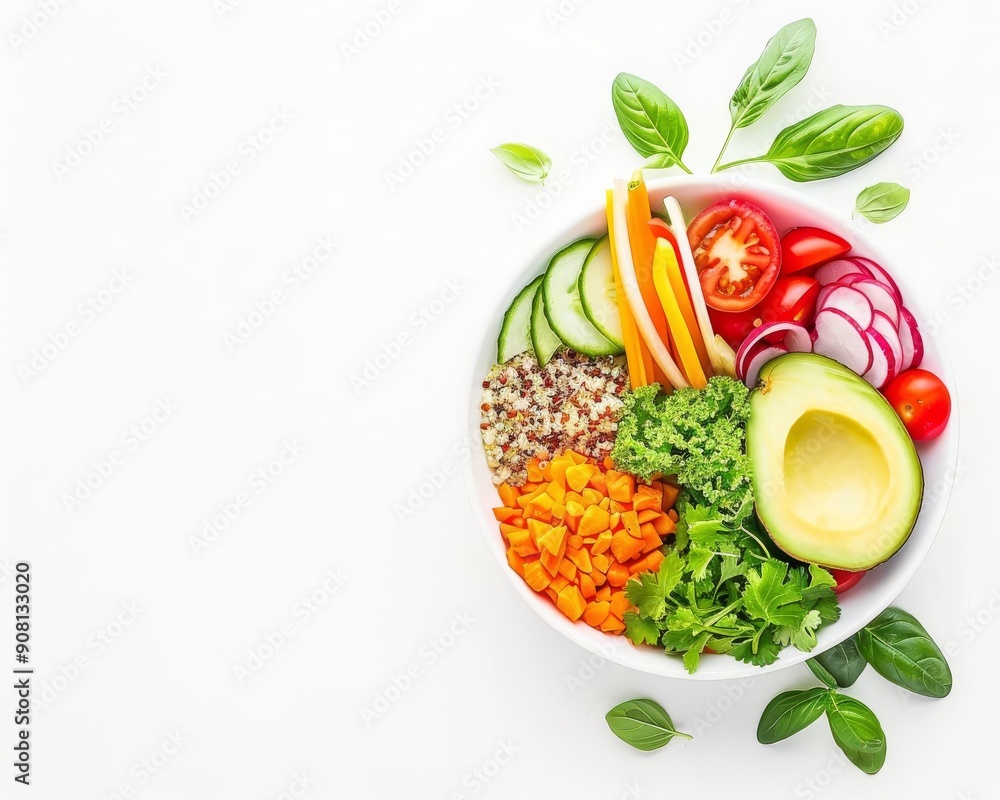Artistic arrangement of a vegan Buddha bowl with colorful vegetables, quinoa, and avocado, perfect for a healthy diet and weight loss, on a white background Artistic arrangement of a vegan Buddha bowl with colorful vegetables, quinoa, and avocado, perfect for a healthy diet and weight loss, on a white background