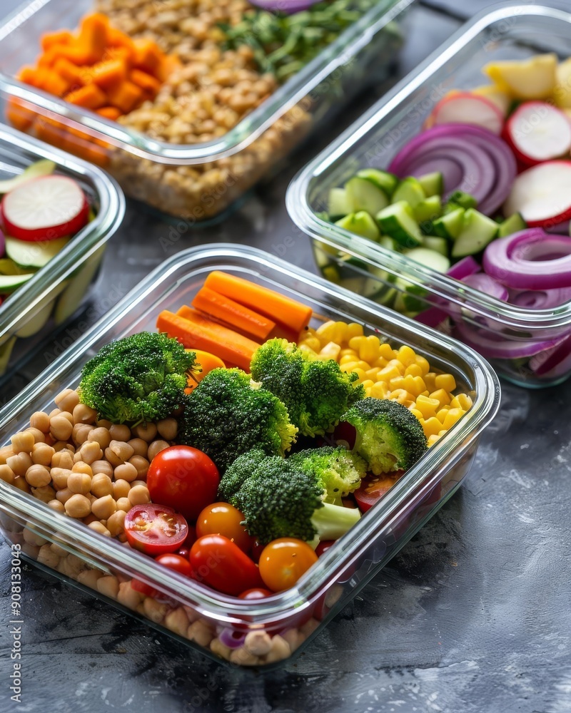 Vegetarian weight loss meal prep with colorful vegetables, grains, and portioned containers, healthy diet lifestyle, clean eating, organized layout, highquality closeup Vegetarian weight loss meal prep with colorful vegetables, grains, and portioned containers, healthy diet lifestyle, clean eating, organized layout, highquality closeup