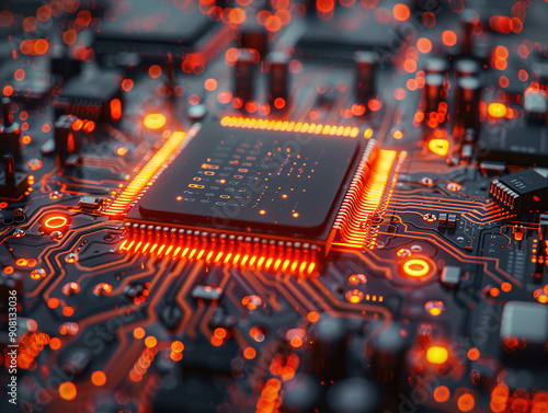 Close-up electronic circuit board. technology style concept. Contemporary Super Computer Processor. Industrial Robotic Manipulator End Effector Holding CPU Chip photo