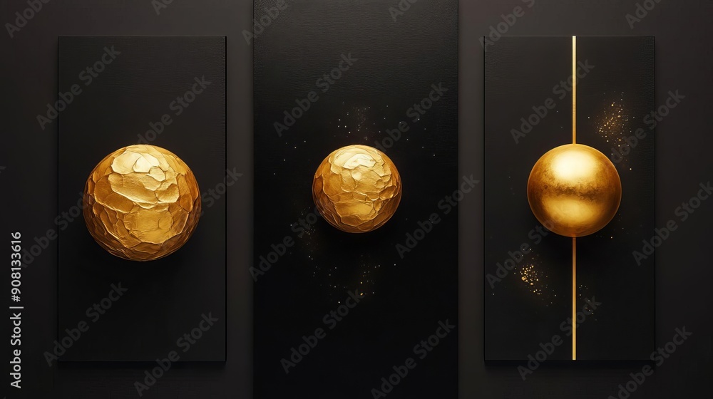 Melting Elegance A Trio of Bold Geometric Paintings Featuring Organic Golden Globes on Deep Black Canvas Melting Elegance A Trio of Bold Geometric Paintings Featuring Organic Golden Globes on Deep Black Canvas