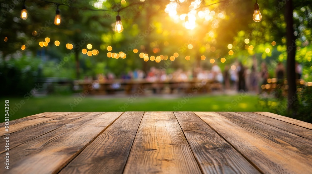 A wooden table with a blurred background of people sitting at tables in a park A wooden table with a blurred background of people sitting at tables in a park