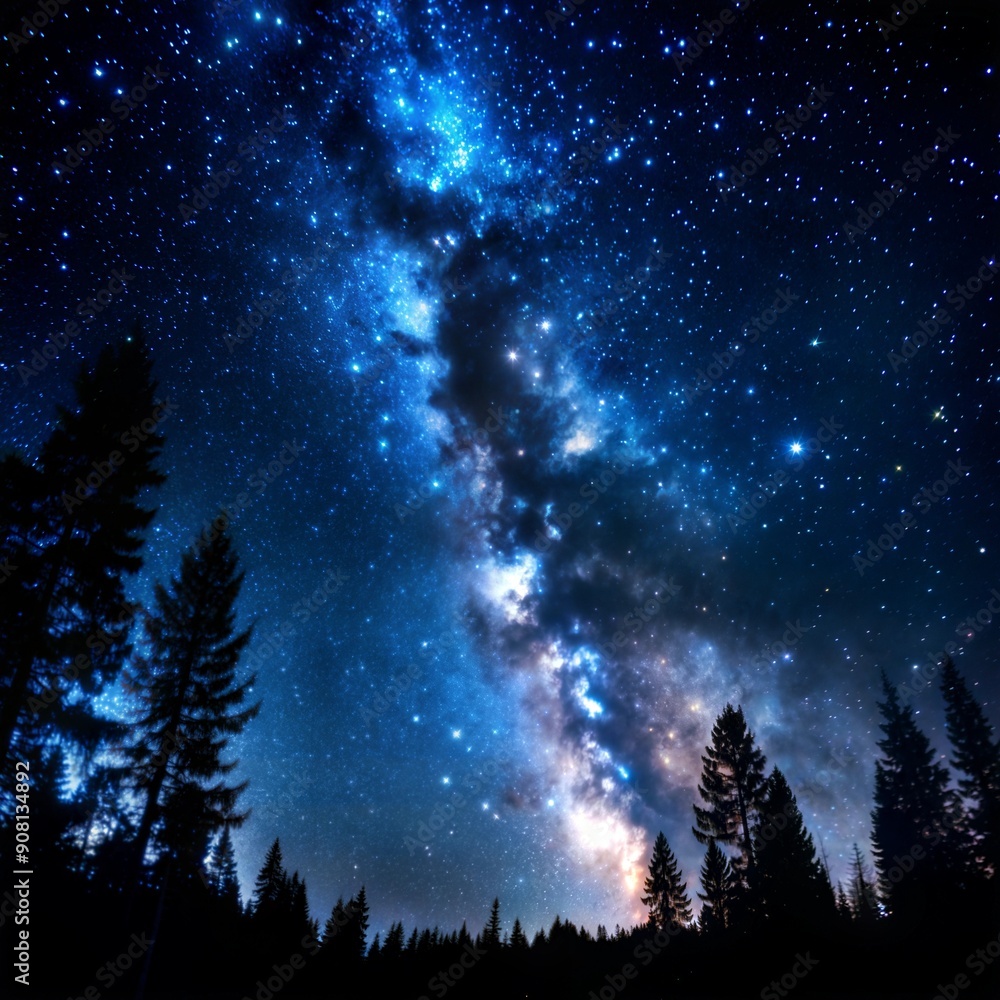 Milky Way Galaxy Over Forest Silhouette in Starry Night Sky Milky Way Galaxy Over Forest Silhouette in Starry Night Sky
