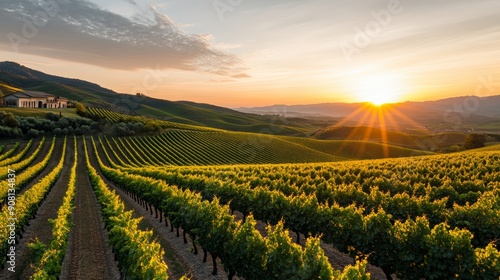 A picturesque vineyard with rows of grapevines, rolling hills, and a setting sun, ultra HD,