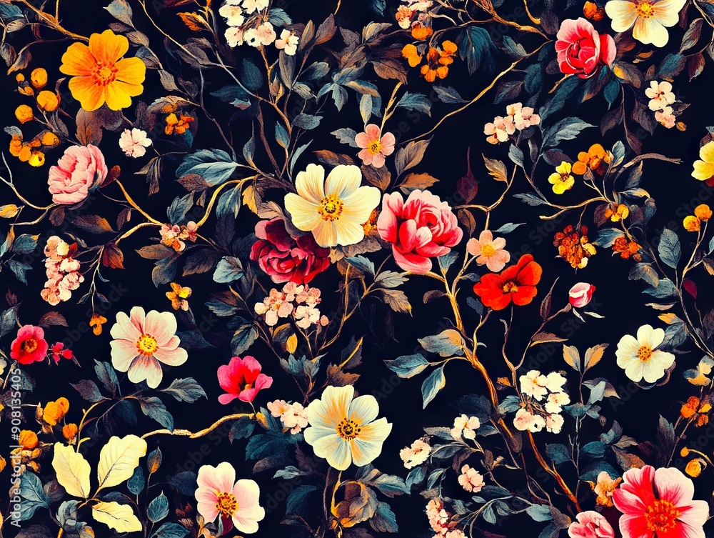 A floral pattern with red yellow and white flowers on a black background A floral pattern with red yellow and white flowers on a black background