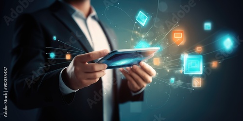 Wallpaper Mural Man using online banking with credit card on touch screen device. Mobile banking. Digital and internet payments shopping on network. All on screen and credit card are designed up background Torontodigital.ca