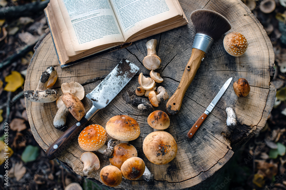 Close-up of a mushroom forager's tools: a knife, a brush, and a guidebook, laid out on a tree stump surrounded by freshly picked mushrooms. Close-up of a mushroom forager's tools: a knife, a brush, and a guidebook, laid out on a tree stump surrounded by freshly picked mushrooms.