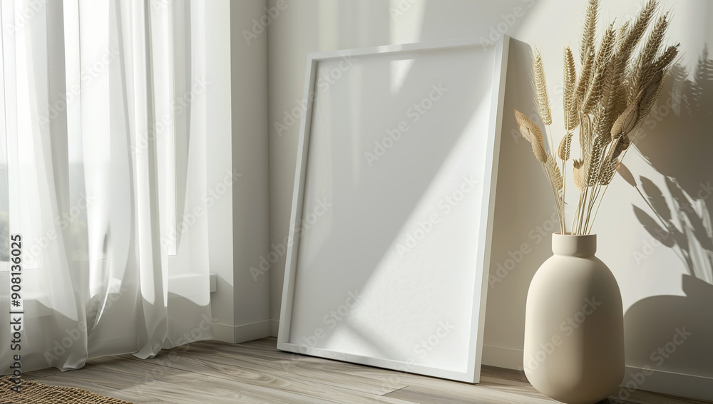 White photo frame mockup leaning against the wall, next to it is an elegant beige ceramic vase with wheat ears. On the wooden floor is a neutral color scheme with a minimalistic style. The... White photo frame mockup leaning against the wall, next to it is an elegant beige ceramic vase with wheat ears. On the wooden floor is a neutral color scheme with a minimalistic style. The...