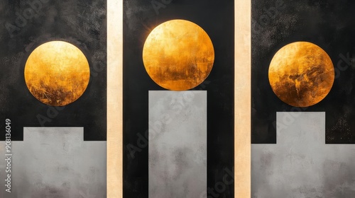 Visions of Melting Gold A ThreePart Mural Featuring Geometric Conceptual Art Against a Striking Black Canvas photo