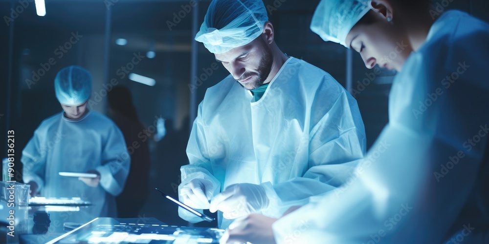 Medicine doctor ER team, Surgeon and anesthetist diagnose and examine data of patient on digital tablet with medical technology, nurse and surgeon professional of teamwork in hospita background Medicine doctor ER team, Surgeon and anesthetist diagnose and examine data of patient on digital tablet with medical technology, nurse and surgeon professional of teamwork in hospita background