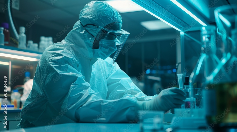 A Scientist in a Protective Suit Working in a Laboratory, Single Person, Blue Tones, Chemistry Research, laboratory, scientist, research A Scientist in a Protective Suit Working in a Laboratory, Single Person, Blue Tones, Chemistry Research, laboratory, scientist, research