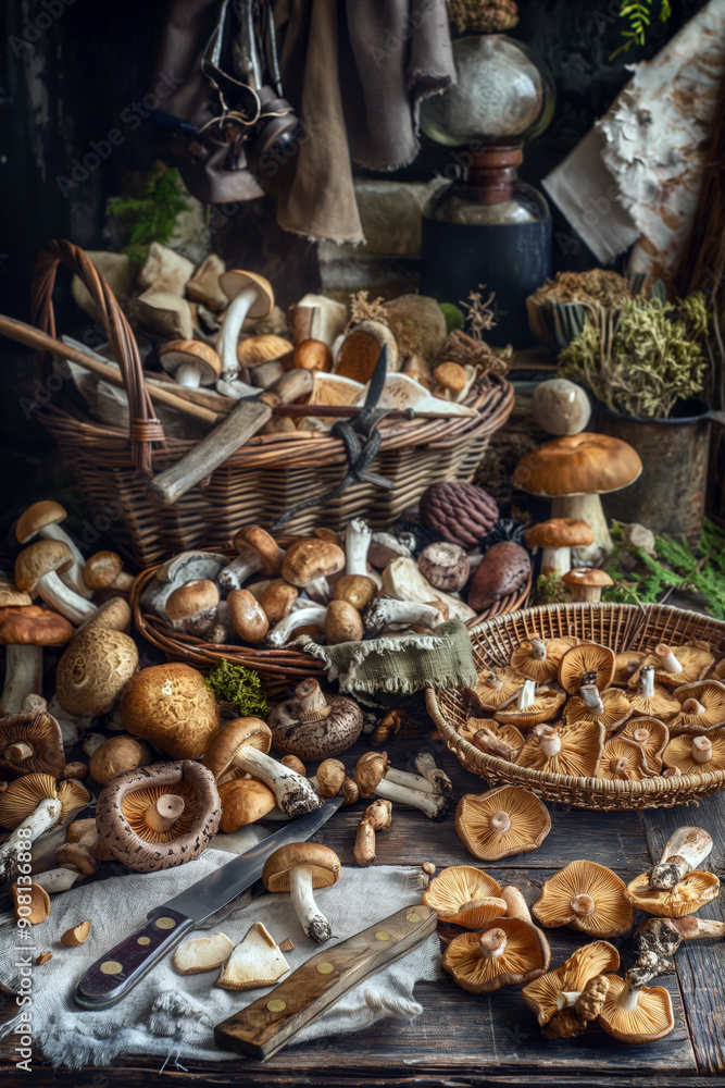 Fototapeta premium Rustic still life of a variety of wild mushrooms spread out on a wooden table, with a basket, a knife, and forest-themed decor in the background.
