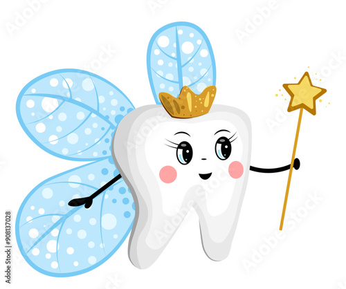 Cute tooth fairy with magic wand on white background