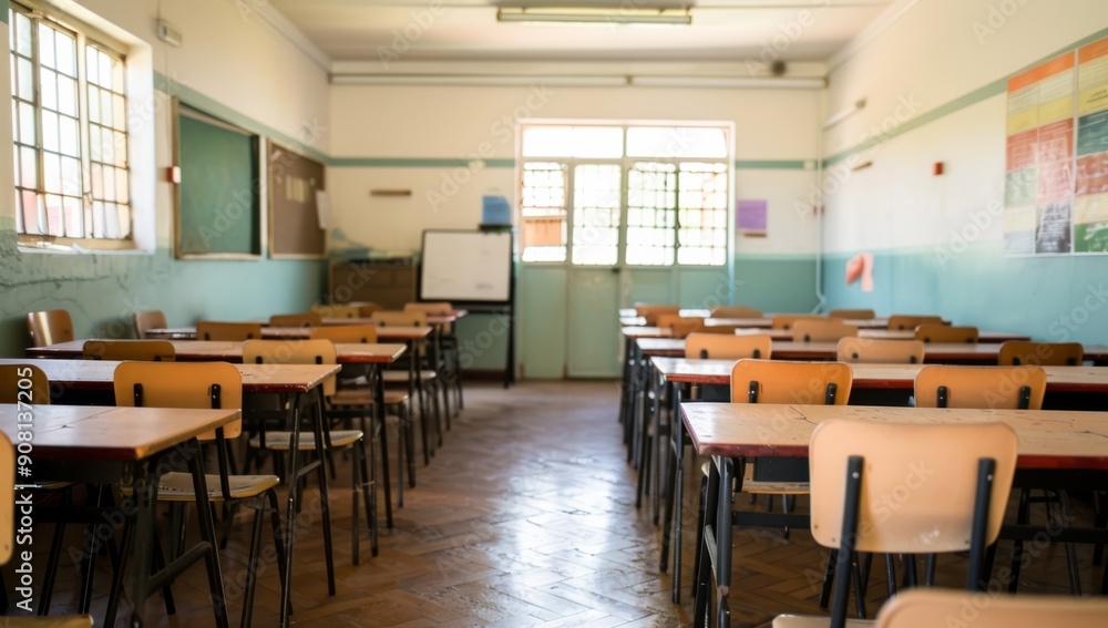 An empty classroom featuring rows of neatly arranged desks and chairs, symbolizing the educational environment in South Africa, with a focus on academic infrastructure and learning spaces An empty classroom featuring rows of neatly arranged desks and chairs, symbolizing the educational environment in South Africa, with a focus on academic infrastructure and learning spaces
