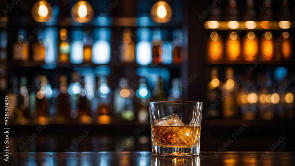 Whiskey in a glass with ice at a bar Whiskey in a glass with ice at a bar