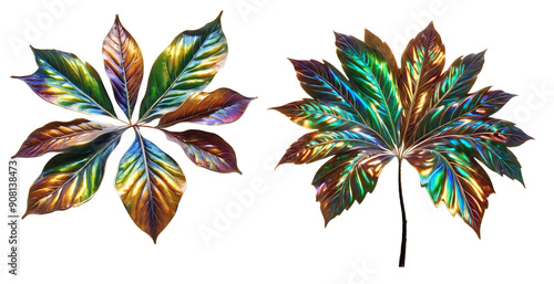 set of leaves, tree leaf on white background, leaves with metallic shine, metal leaves, iridescent tree, mirror rainbow, decor, wallpaper, wall mural,