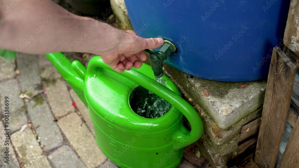 Filling watering can with water from rain barrel, saving and reusing rainwater Filling watering can with water from rain barrel, saving and reusing rainwater