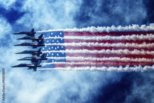 Five Fighter Jets Flying in Formation Leaving Smoke Trails in the Shape of the American Flag