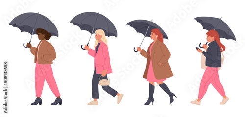Women walking under umbrella. Female characters under rain with umbrellas, ladies walking under umbrella flat vector illustration set. Rainy season walking