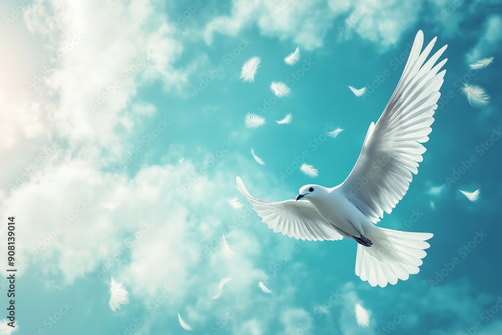 Fototapeta premium A Majestic White Dove Gracefully Soars Through the Serene and Expansive Blue Sky Above. A stunning, pure white dove is gracefully soaring high through a bright blue sky that is filled with soft clouds