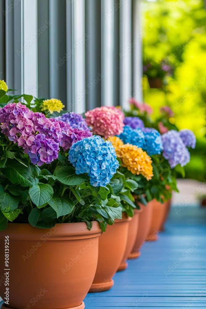 A row of flower pots filled with colorful flowers on a porch A row of flower pots filled with colorful flowers on a porch