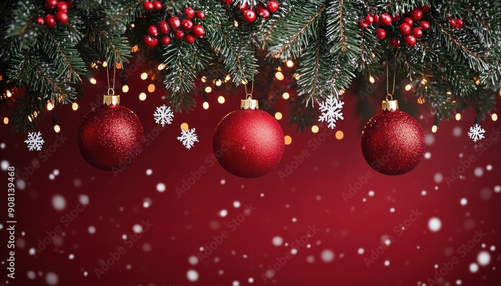 Fototapeta premium Elegant Christmas decorations hang from a tree against a vibrant red background