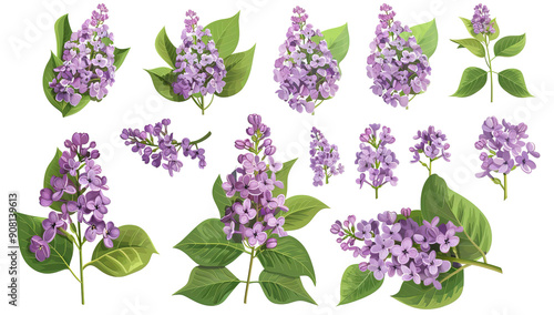 vector purple lilac flowers set isolated on white background, detailed illustration, high resolution, professional photograph, The ultra-detailed illustrations of the elements are in vector...
