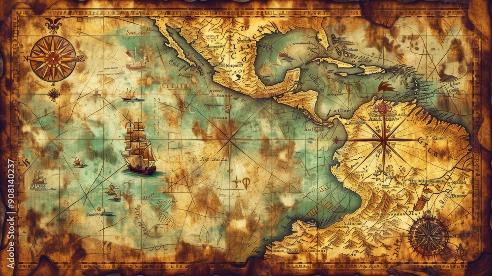 Fototapeta premium illustration on ancient world map parchment