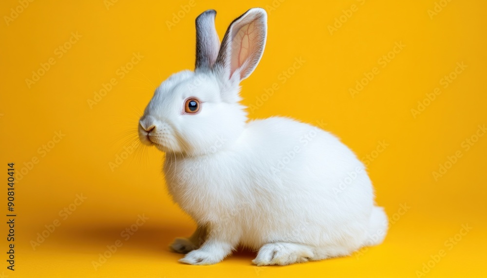 A cute, white rabbit is sitting comfortably on a bright yellow background, adding to the scene A cute, white rabbit is sitting comfortably on a bright yellow background, adding to the scene