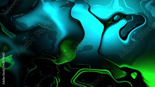 Abstract animated background featuring flowing liquid shapes. Smooth, glossy waves of glowing blue and green plasma move slowly against a dark backdrop.