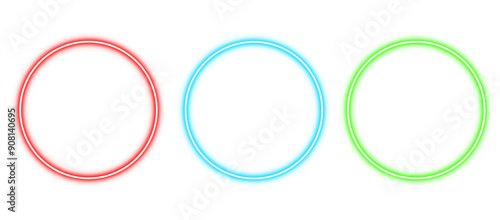 Set of circles neon futuristic sign red, blue, green. Isolated on transparent white background. Shiny light circles for design elements
