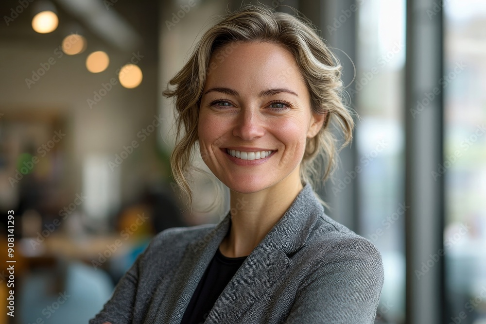 Female business professional smiling happily in an office, Generative AI Female business professional smiling happily in an office, Generative AI