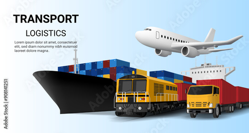 Global business delivery logistics. Global logistics. rail transportation, Train, Cargo ship, airplane, truck, warehouse, World wide, cargo export, import, container transport. 3d Vector illustration