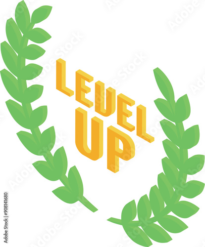 Laurel wreath is framing a 3d isometric level up message, perfect for illustrating a video game achievement
