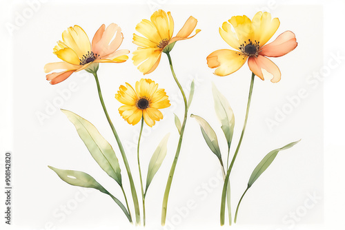 Yellow and orange flowers with green stems and leaves on a white background. Watercolor illustration. Springtime and floral concept for design and print.