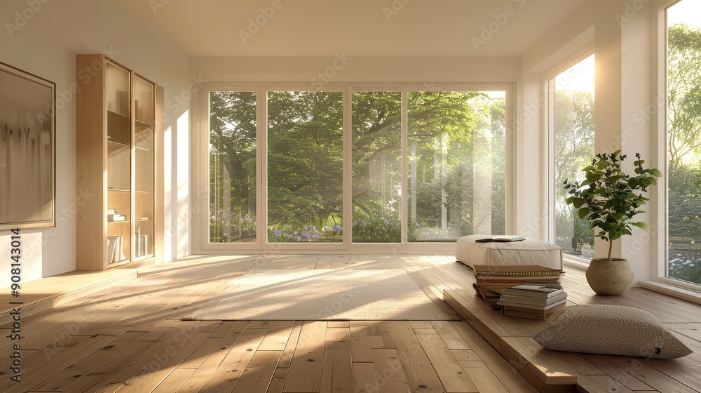 Fototapeta premium Sunlight Streaming Through Large Windows in a Modern Minimalist Living Room, Interior Design, Modern Architecture, Minimalist Style, Natural Light