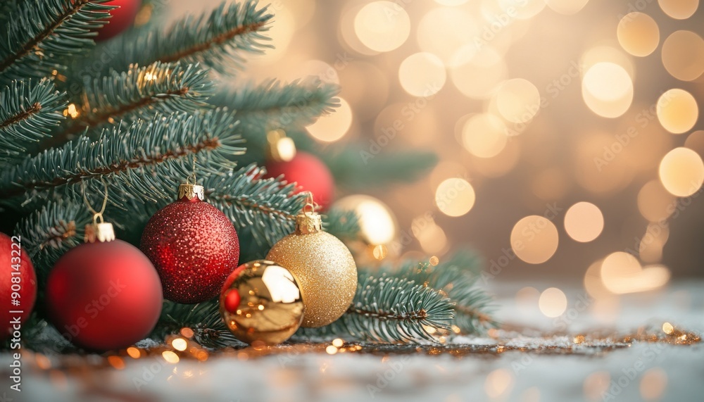 Obraz premium A beautifully decorated Christmas tree adorned with red and gold decorations is placed on a table