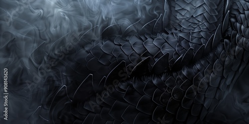 Abstract background with dragon scales and mystical fog on black backdrop, dramatic and dark shades, mysterious atmosphere.